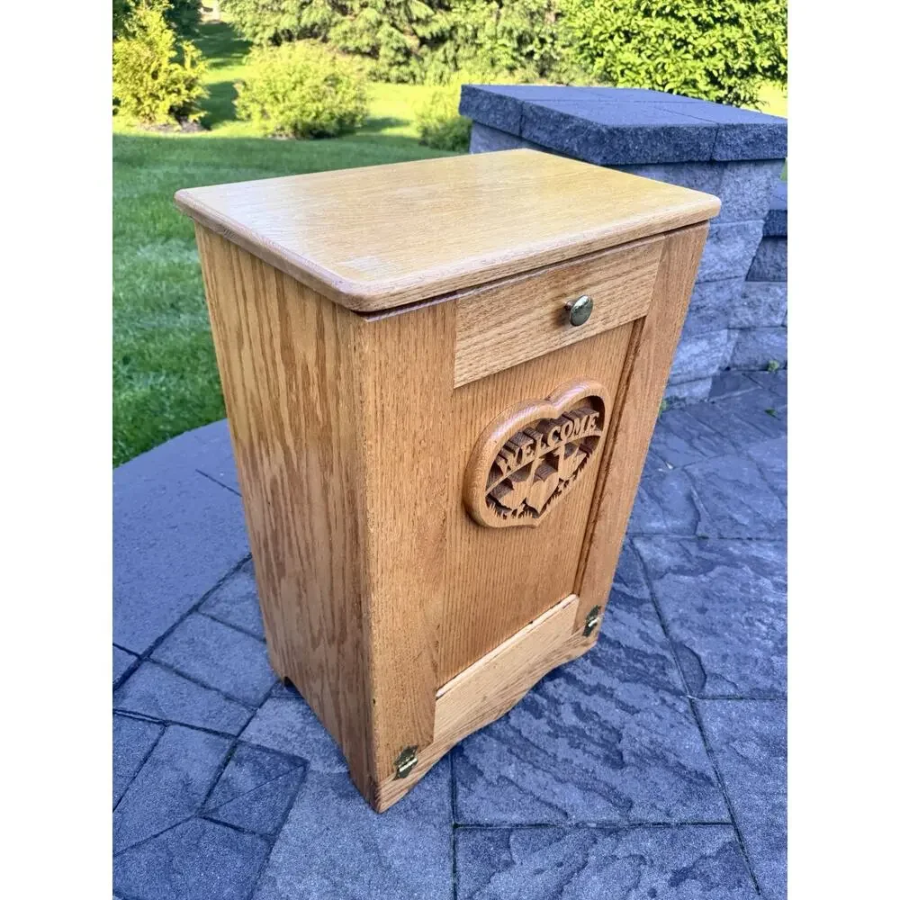 VTG Large Solid Oak Wood Hand Carved Laundry Hamper /Waste Bin H30.5xW20xD12.5”